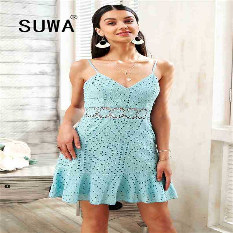 

Elegant French Style Women Dresses Summer Product Lace Hollow Out Sexy Club Mini A-Line Spaghetti Strap Dress Wholesale 210525, Sky blue