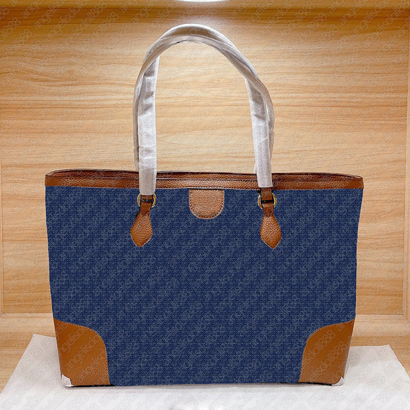 

2021 Luxury designer brand women denim large tote shopping bag classic ivory white letter print brown cowhide leather handle handbags shoulder bags, Contact us