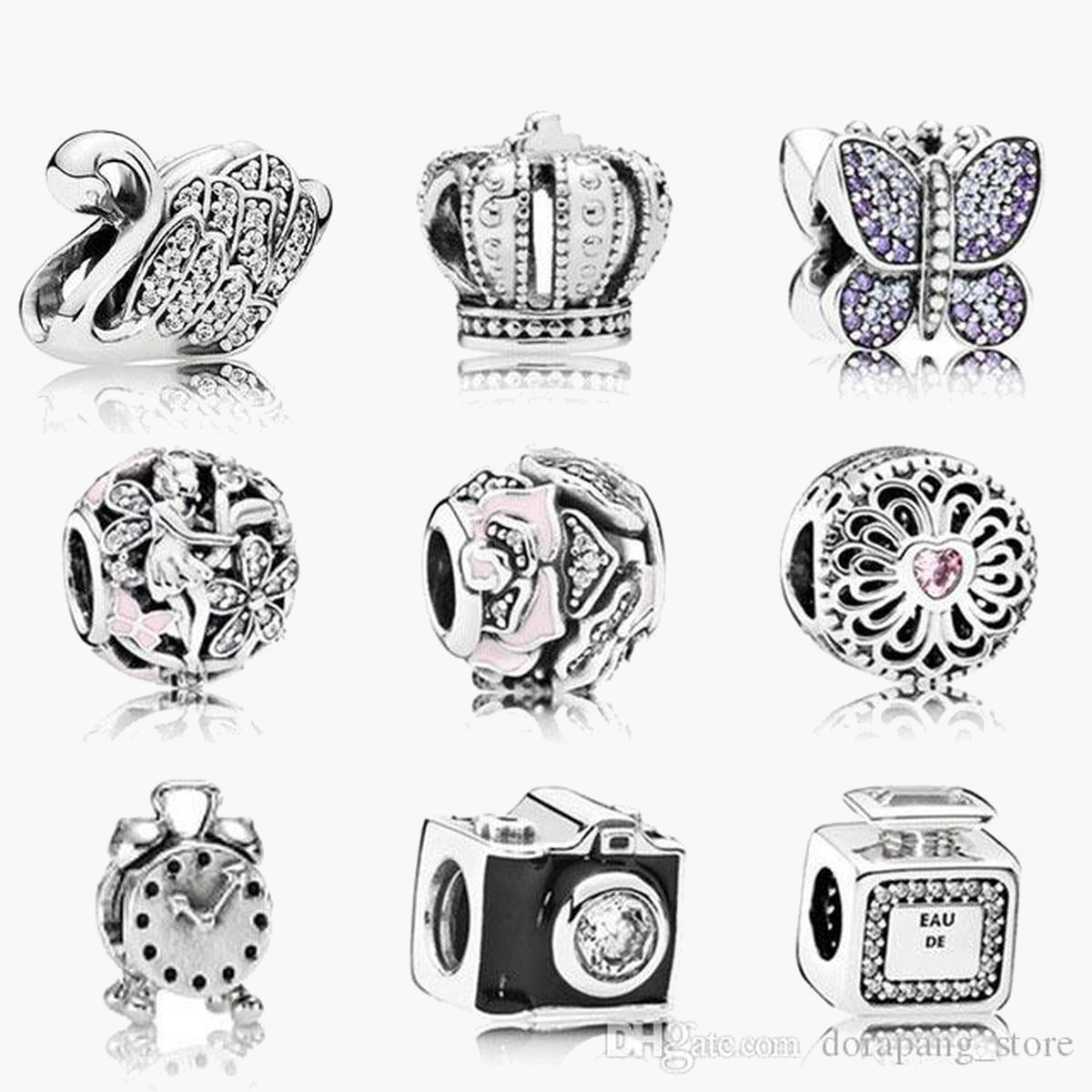 

Womens 925 Sterling Silver Charms Fit Pandora Bracelet Style Top Quality Swan Crown Perfume Bead Love Heart Blue Turquoise Lady DIY Beads With Original Box