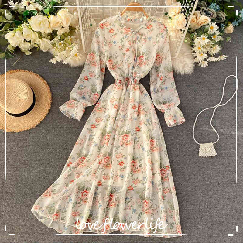 

Spring Summer Long-sleeved Chiffon Dress Women Floral Ruffled Casual Dresses Elastic Waist Print Female Mid-calf Vestidos 210521, Blue