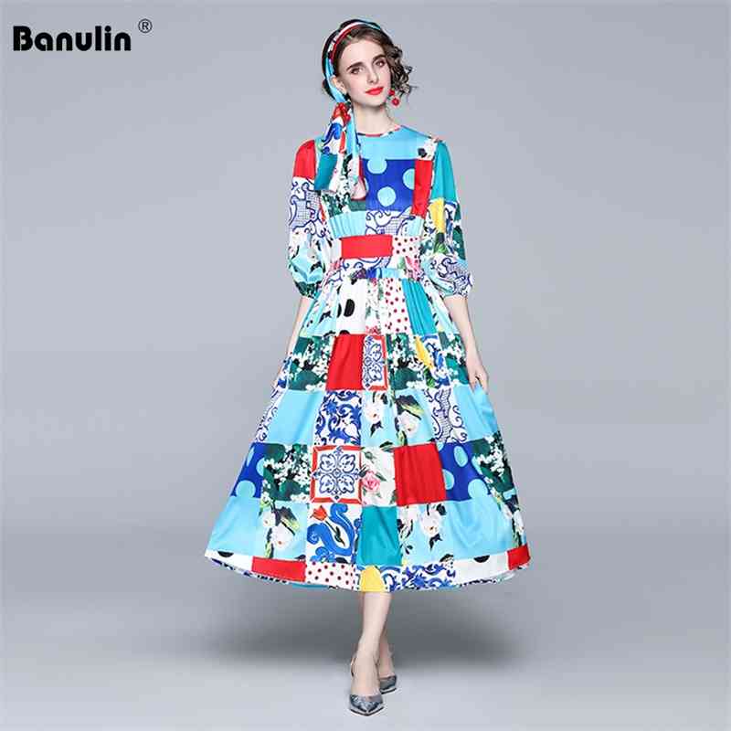 

Banulin Spring Fashion Runway Maxi Dress Women Puff Sleeve Belted Roses Floral Print Boho Holiday Chiffon Long 210603, Blue