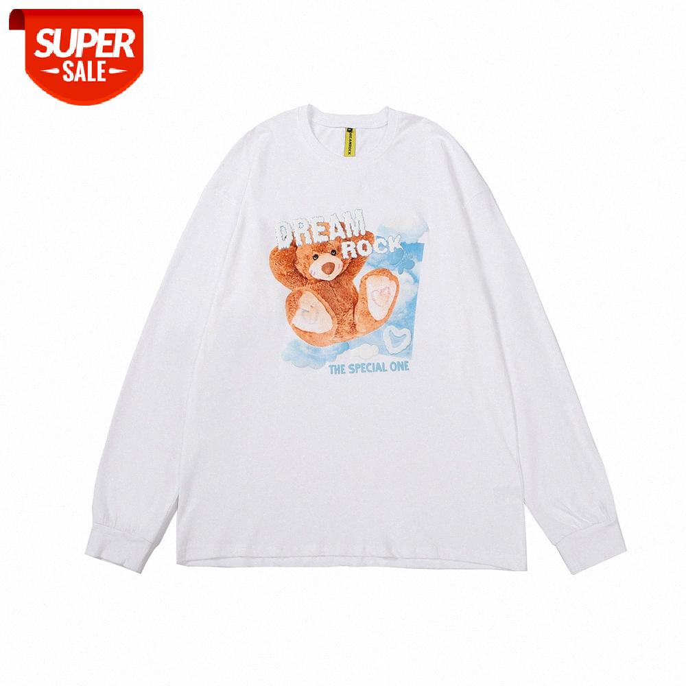 

Bear print long-sleeved T-shirt men's bf wind compassionate street flow loose round neck top #8O9f, White;black