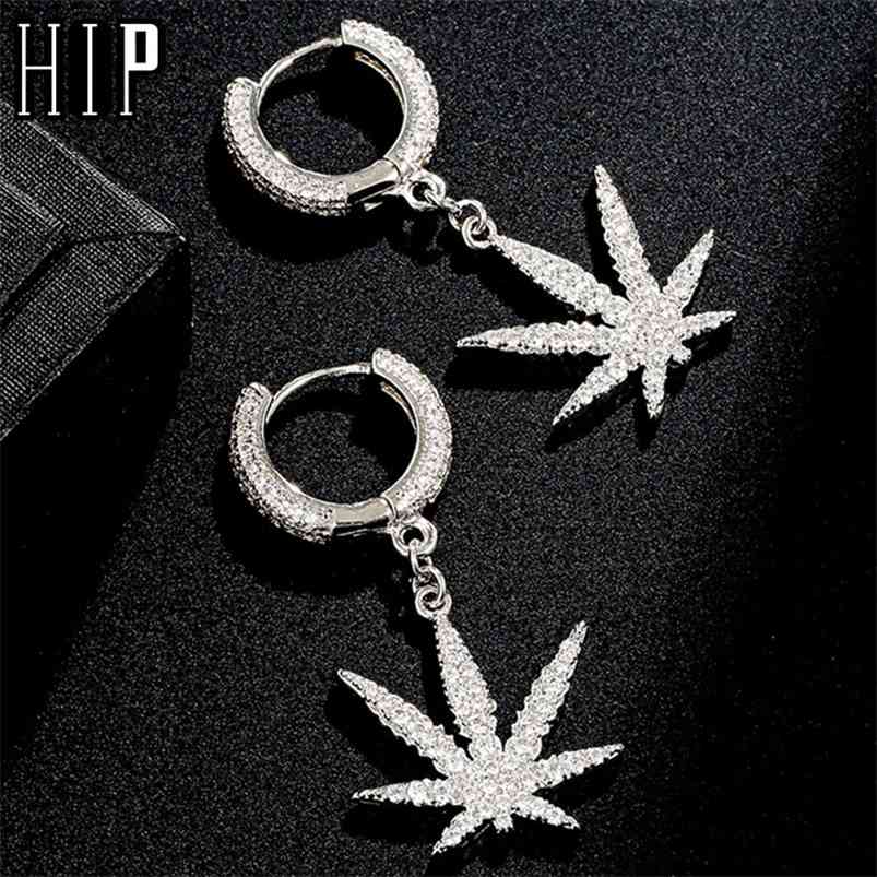 

Hip Hop 1Pair Iced Zircon Maple leaf Earring Gold Color Micro Paved AAA+ Bling CZ Stone Earrings For Men Jewelry 210624