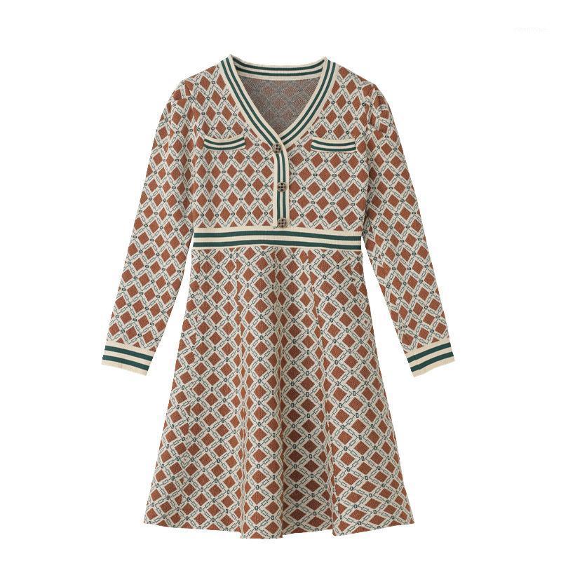 

Casual Dresses Autumn Runway Sweater Dress Women Luxury Female Vintage Plaid Elegant Office Lady Vestido Long Sleeve Warm Knitted, Blue