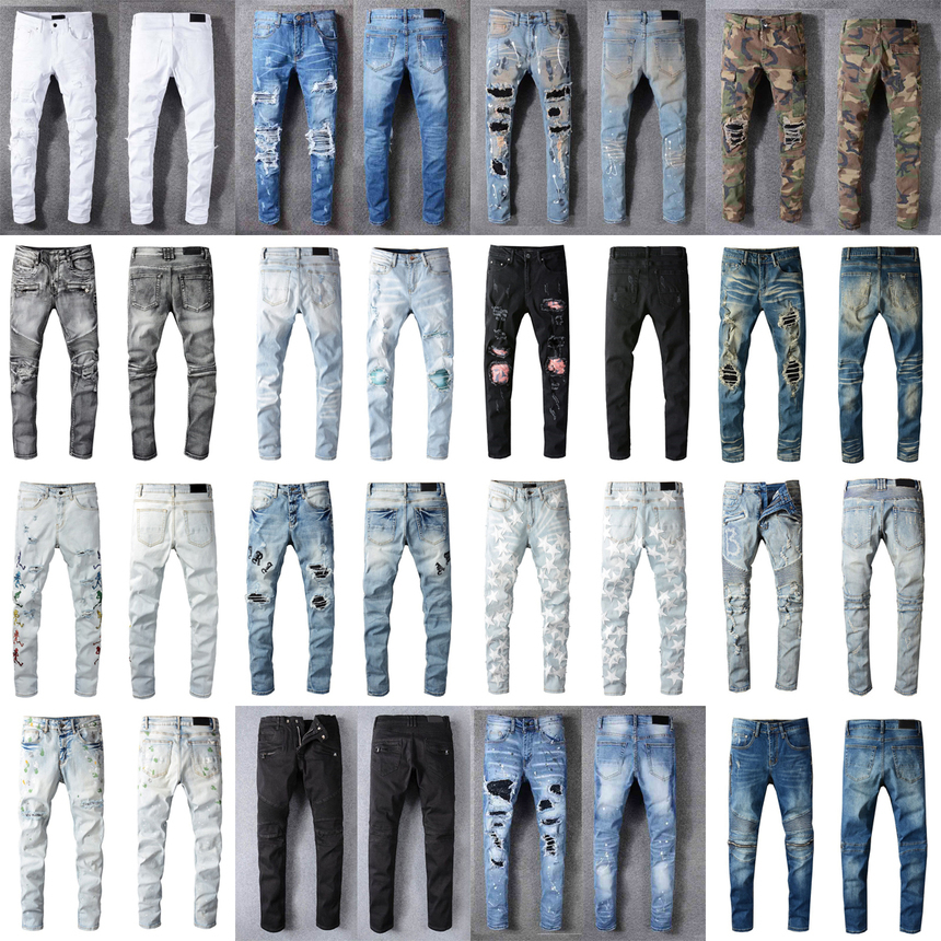 

Luxurys Digners Jeans Distrsed France Fashion Pierre Straight Men's Biker Hole Stretch Denim Casual Jean Men ny Elasticity Male Ripped, Blue