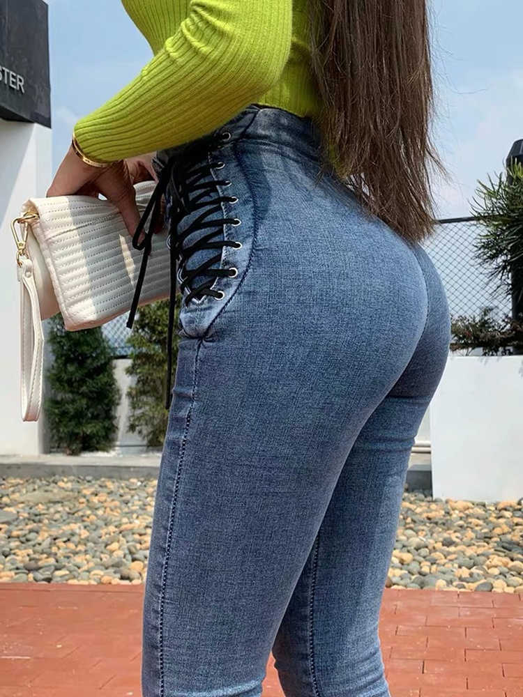 

High waist skinny jeans medium street fashion slim legging sexy elastic side cross tie blue black pencil pants 210604