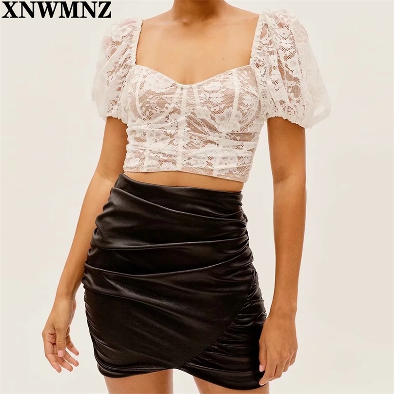 

Stretch Lace Corset Top Embroidered Ladies Sexy Blouse See Through Underwire Blouses Puff Sleeves Crop Square Collar 210520, Black