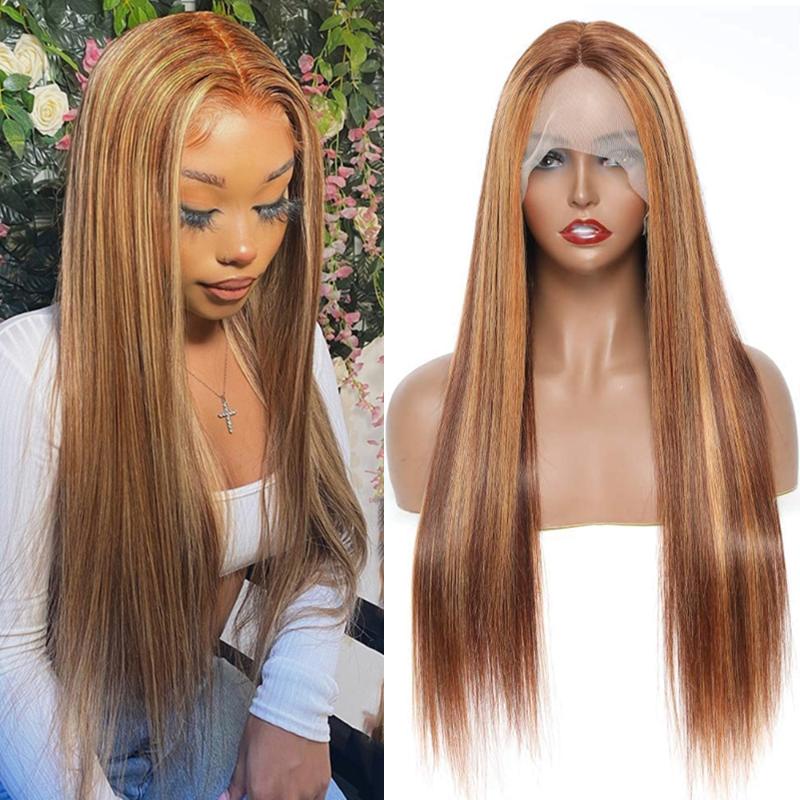 

Lace Wigs 30 Inch Highlight Wig Human Hair Ombre Brown Honey Blonde Front 150% Maxine Straight, 13x6x1 lace wig