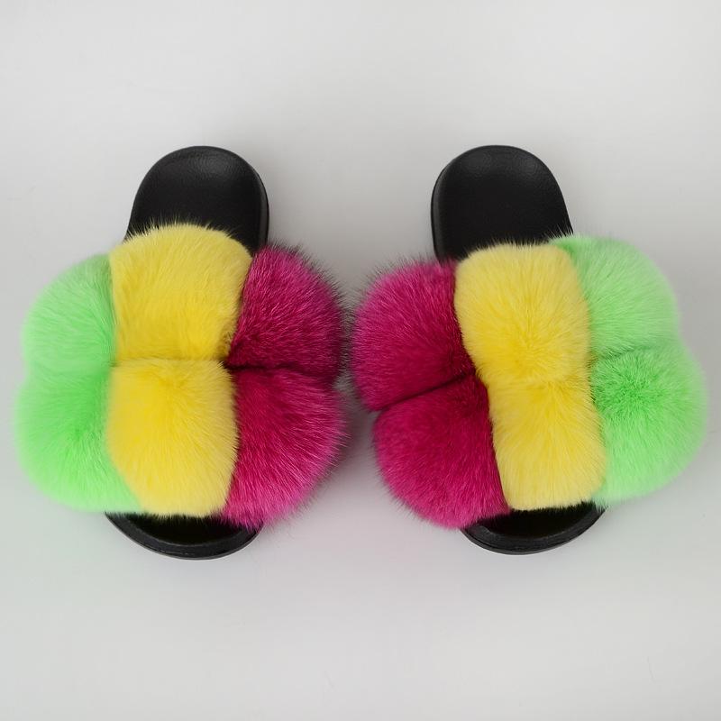 

European And American Fur Slippers Female Sandals Ball Colorful PVC, Black