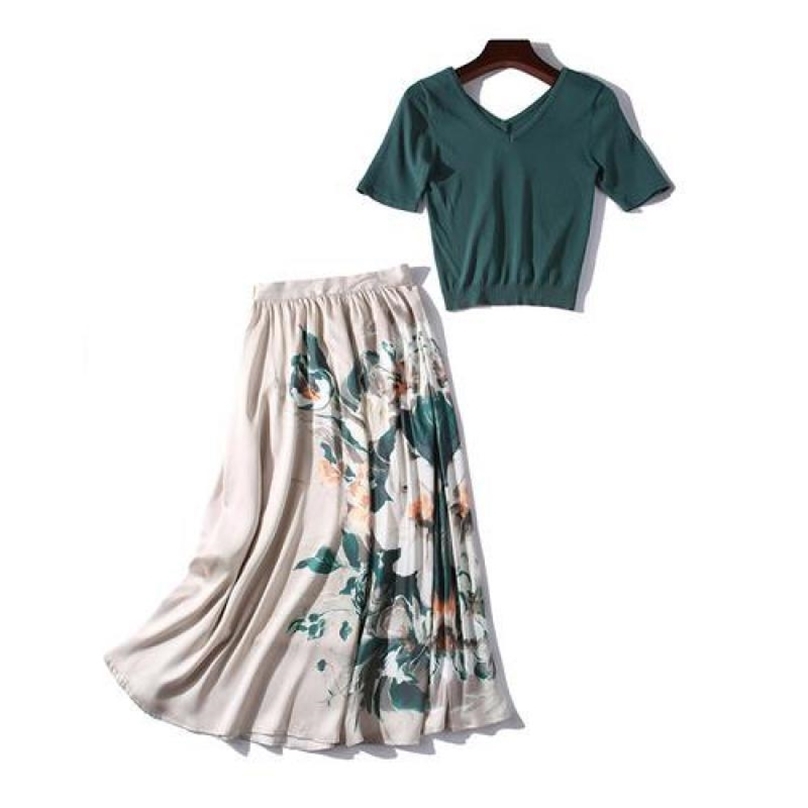 

Summer Vintage Two Piece Sets Women Basic Green Knitted Top + A-line Floral Printed Skirt Suits Ladies Elegant Outfit 210525