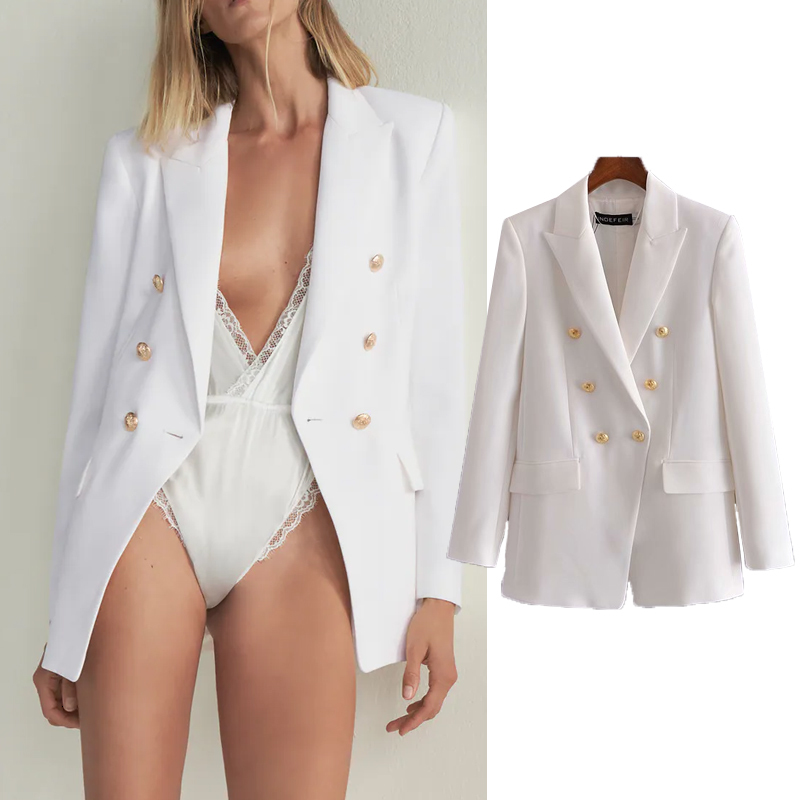 

Women's Down & Parkas 2021 Women Spring Autumn Gold Breasted decor Slim Blazer Loose jacket Coat Turn-down Collar Lady Streetwear, Black