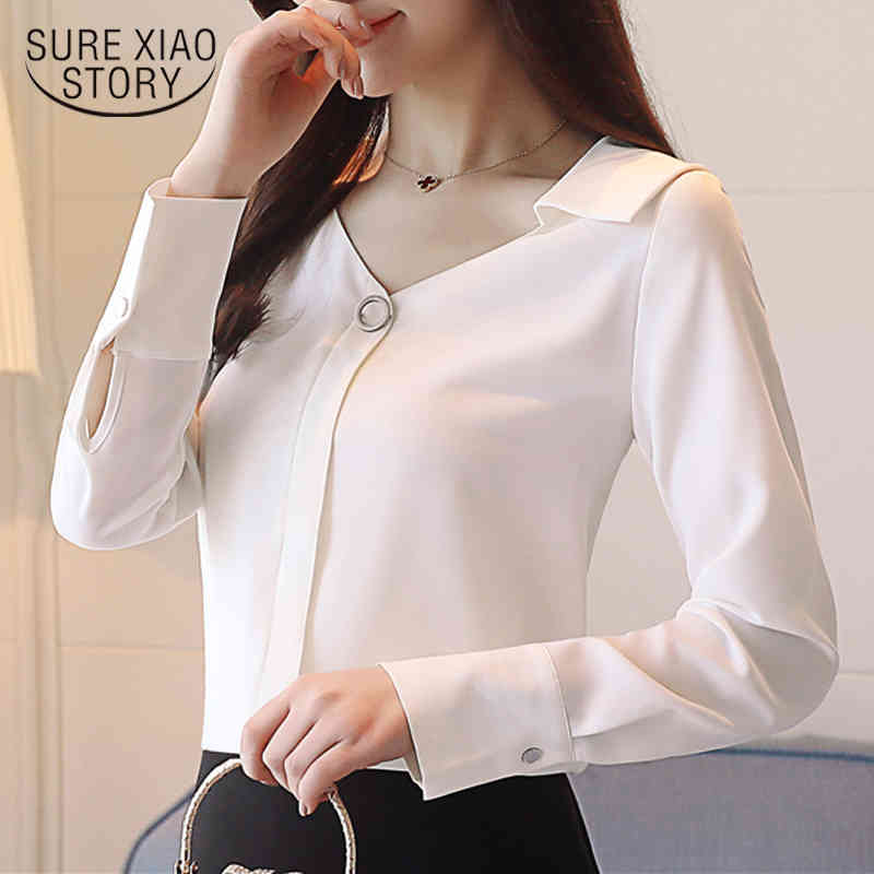 

spring fashion long sleeved blouses chiffon shirts office lady women tops v-neck solid white clothing D467 30 210521