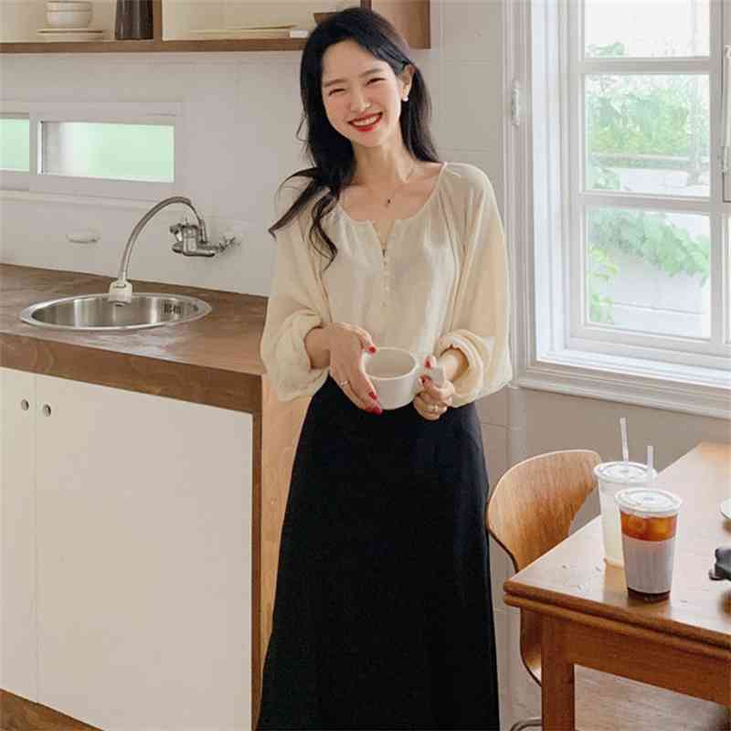 Two piece Suit Blouse Summer Tops femme Casual Women Long sleeve Girls Cotton Plus Size MINI chiffon skirts 210417Z