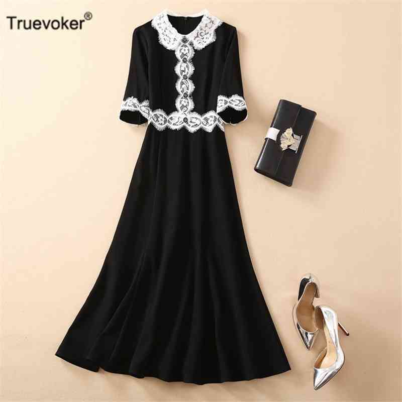 

Truevoker European Runway High End Dress Lady Peter Pan Collar Eyebrow Lace Patchwork Color Block Midi Mermaid Robe 210602, Black