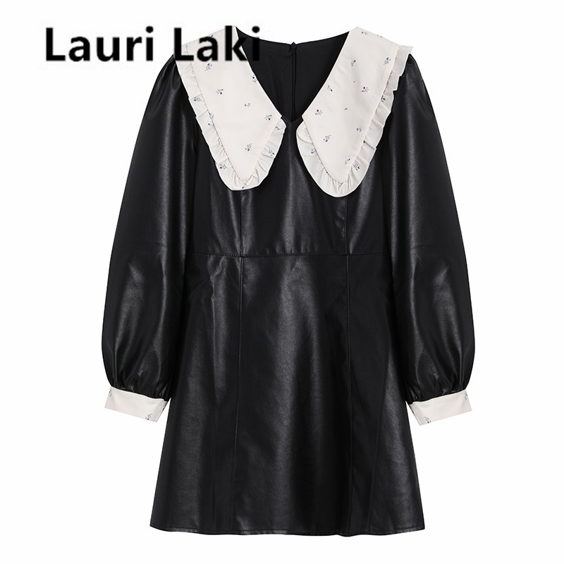 

Lauri Laki Pu Leather Black Party Dress Women Elegant Vintage Mini Puff Sleeve Dress Autumn 2021 Bodycon Bandage Floral Dress, Beige