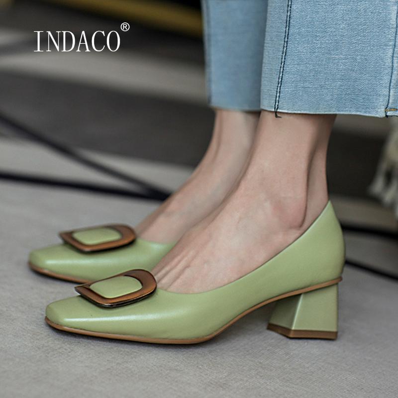 

Dress Shoes 2021 Spring Women Heels Leather Square Toe Thick Heel 5CM Metal Buckle Decoration Wedding Green, Black