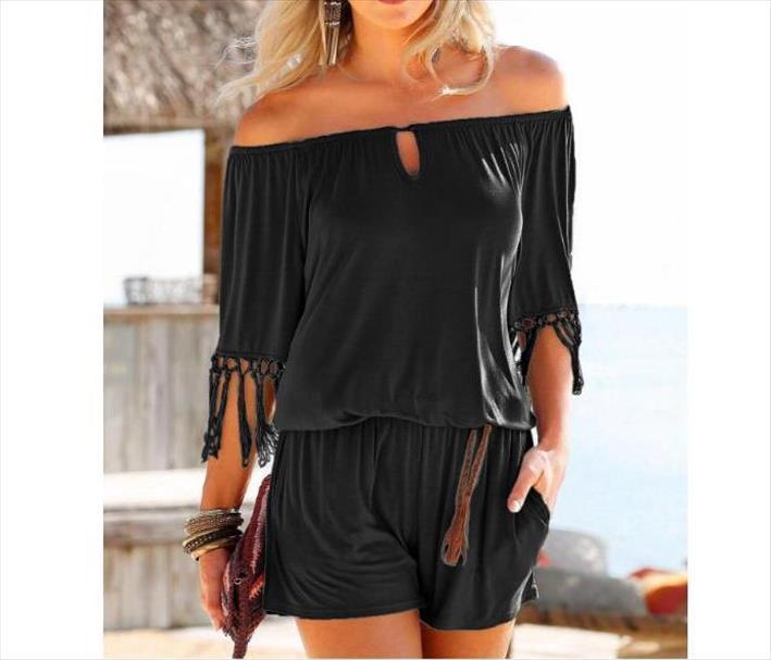 

summer playsuits off shoulder women romper tassel beach boho short overalls girls pockets rompers plus size, Black;white