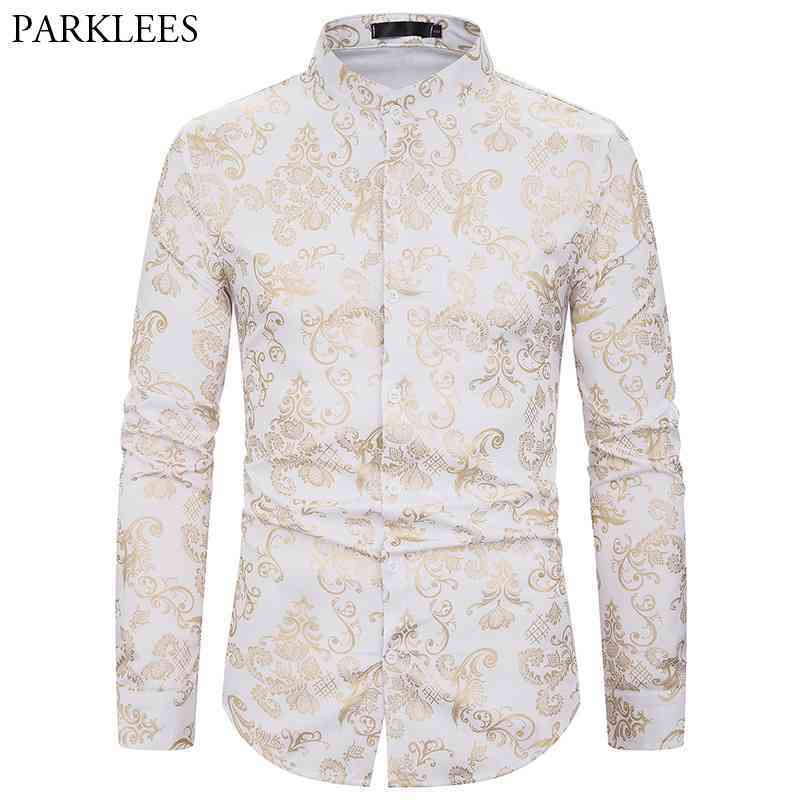 

Mens Golden Floral Luxury Design Slim Fit Long Sleeve Button Down Flowered Printed Stylish White Dress Shirts Party Weeing Shirt 210522, Navy