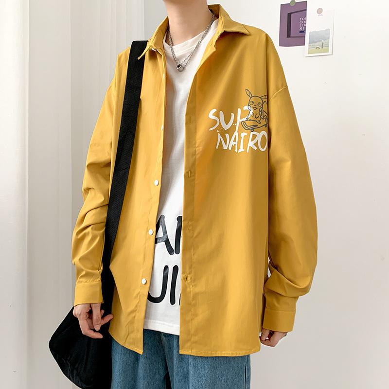 

Men's Casual Shirts Ins Cartoon Printed Shirt Long Sleeve Loose Student Versatile Autumn Coat Trend, White;black