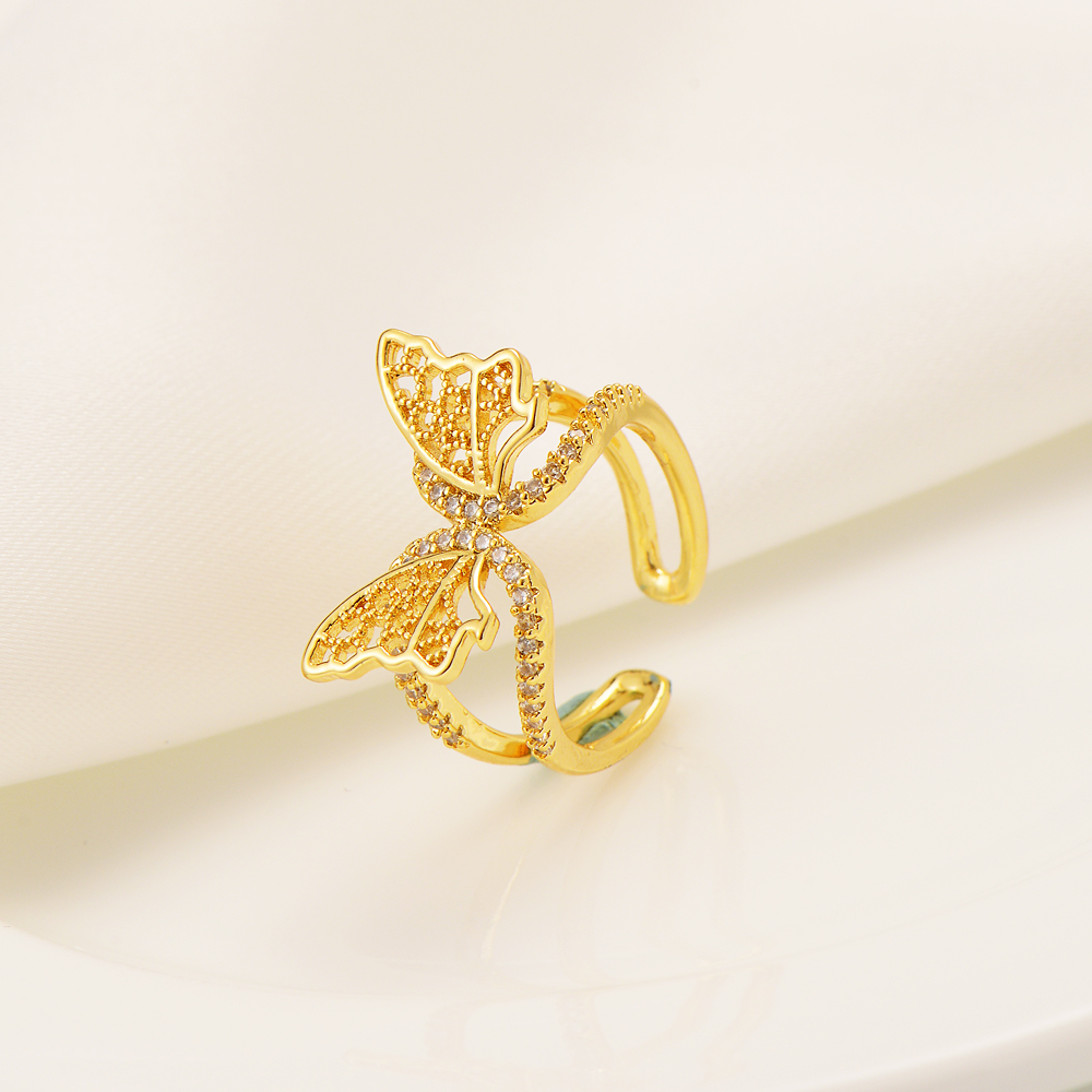 Diamond Ring With Side Stones 22K Fine Solid Gold 18ct THAI BAHT G/F Pretty Butterfly Cut CZ Luxury Ladies Band Bridal Daith Adjustable-image-721012417