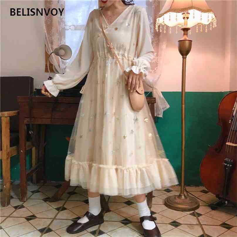 

Autumn Spring Women Elegant Dress Mesh Embroidery Sequins V-neck Temperament Ruffles Sweet Long Robe Party Vestidos 210520, Beige