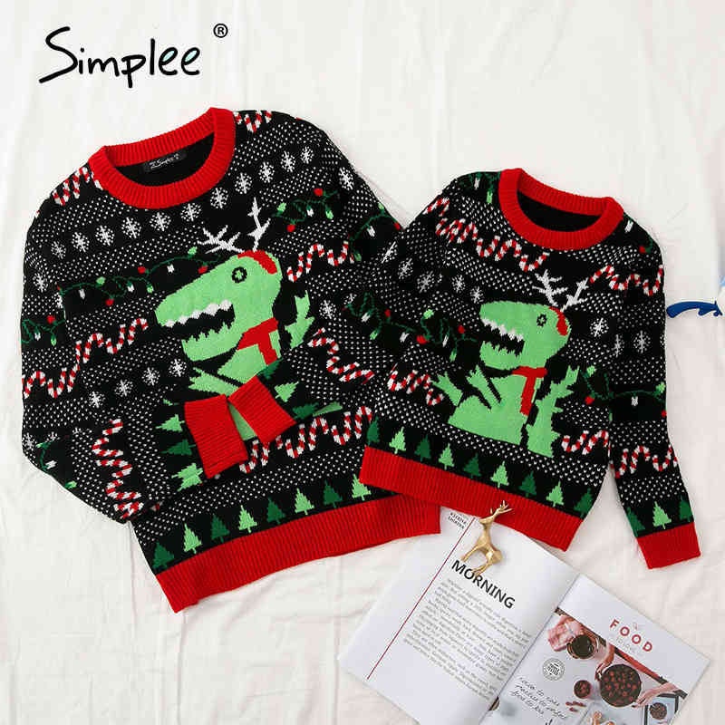 

Family matching outfits Round neck pullover autumn winter Christmas knitted sweater Cartoon dinosaur Year 210414, Kid