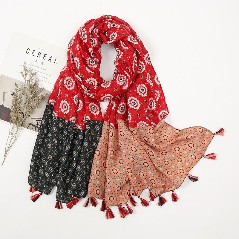 

Berets Fashion Women Bohemina Aztec Floral Patchwork Tassel Scarf Lady Print Shawls And Wraps Female Foulards Echarpe Designer 180*90Cm, Blue;gray