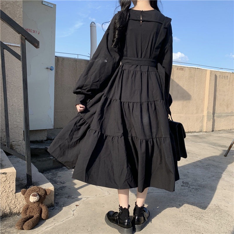 

2021QWEEK Gothic Style Dress Women Harajuku Gothic Lolita Kawaii Dress Punk Cute Long Sleeve Black Midi Dress 2021 Emo Mall Goth