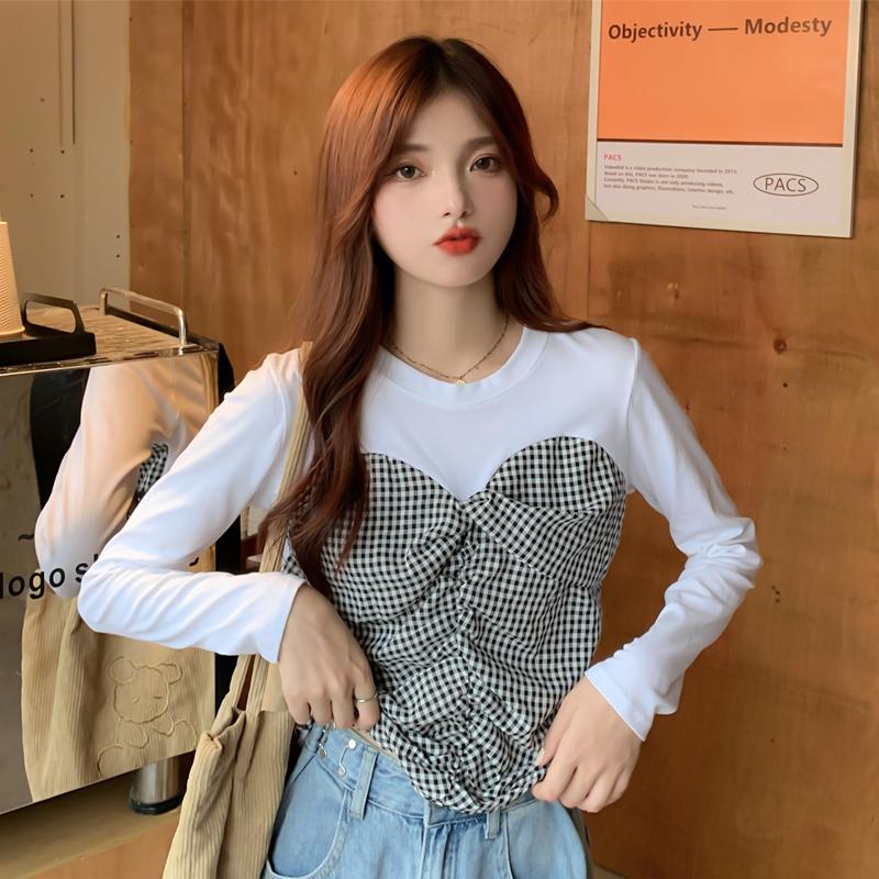 

Women's T-Shirt Casual Autumn O Neck Long Sleeve Plaid Shirts For Women Patchwork Wild Graphic T Aesthetic Clothes Mujer Camisetas Tops, White