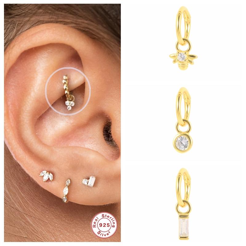 

Stud Piercing Aretes Earlobe Buckle 925 Sterling Silver White Zircon Cartilage Earrings For Woman Girl Pendientes Mujer Jewerly, Golden;silver
