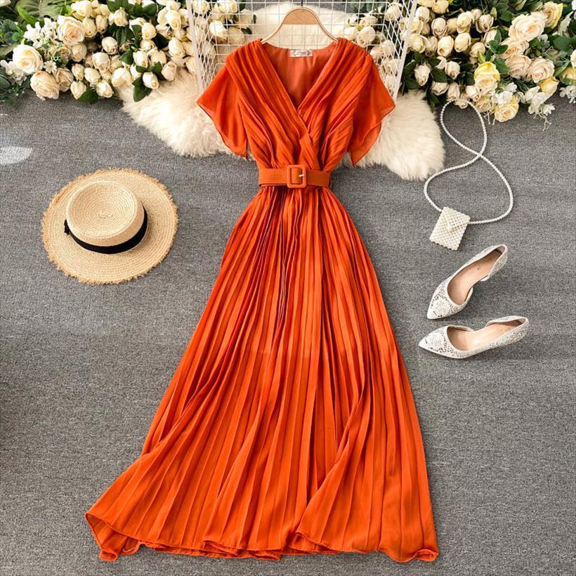 

boho vintage v neck summer women dress long pleated bandage party chiffon elegant beach holiday tunic, Black;gray