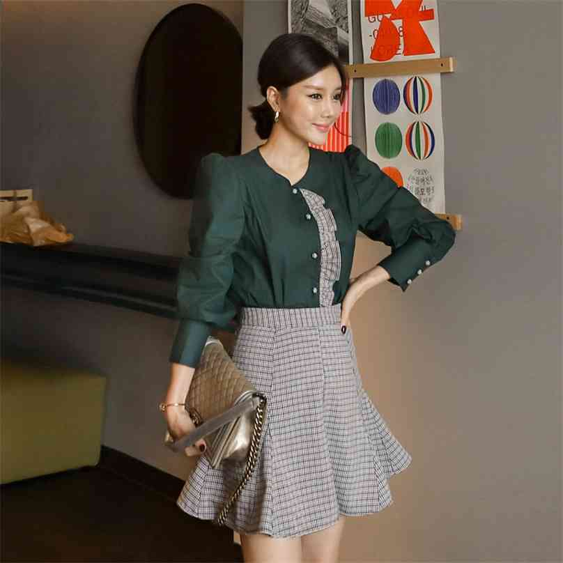 

autumn Shirt Suit 2 piece Korea Ladies single-breasted hubble-bubble sleeve And Mini pleated Skirt Sexy Set for women clothing 210602, Graph coloring