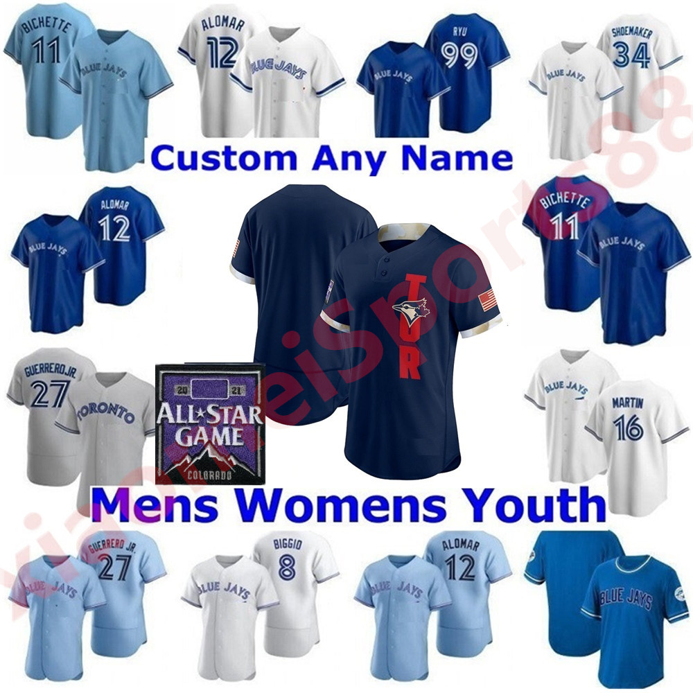 

Toronto Men Women youth Blue Jays 2021 All-Star Game Baseball jerseys Bo Bichette Vladimir Guerrero Jr. Cavan Biggio Hyun-Jin Ryu Yamaguchi Randal Drury, As shown in illustration