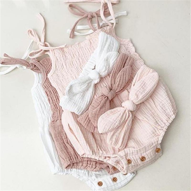 

Rompers Infant Baby Girls Summer Clothing Soft Cotton Linen Bodysuits Ruched Sleeveless Tie Up Rompers+Headband 2 Pcs Outfit Sets 0-18M, Blue