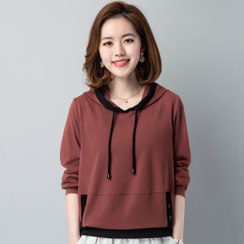 

Autumn 2020 new color contrast Hooded Sweater Korean long sleeve bottomed shirt fashion casual top, Black
