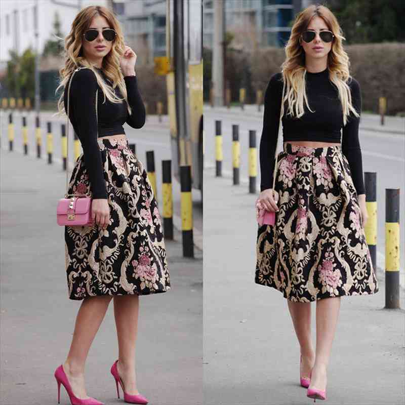 

retro floral womens skirts high waist pleated party midi girls vintage flower printed 4 size, Black