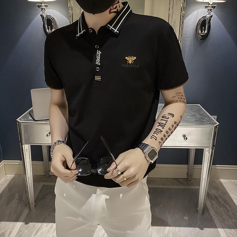 

bee embroidery logo shirts summer men polo shorts sleeve lapel design tee fashion casual slim business social polos, White;black