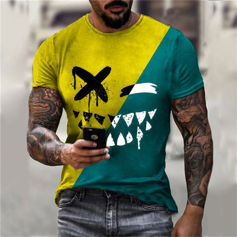 

summer t-shirt color blocking funny smiling face print men's casual punk 3d t-shirt mva, White;black