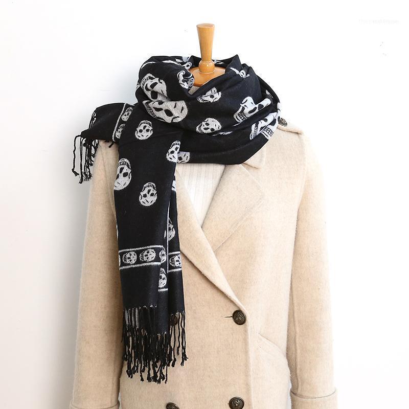 Scarves 2021 Double-sided Skull Scarf Women Mrs Winter Warm Cashmere Shawl Animal Print Ghost Head Soft Thin Blanket1