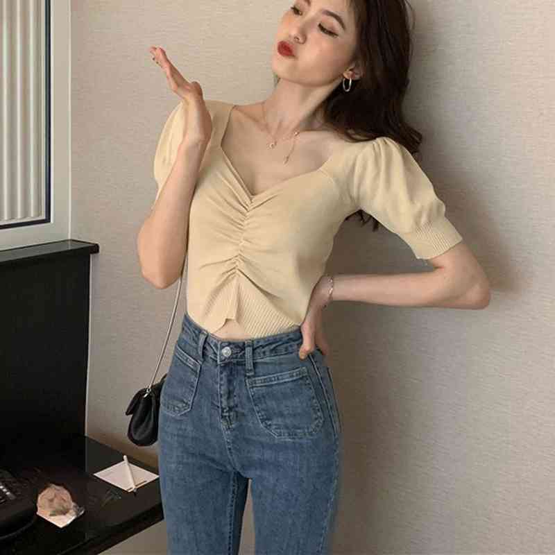

Sweet Puff Sleeve Folds Solid Tshirts Women Fashion Sexy V-neck Knitted Shirt Woman All Match Slim Female Tops Summer 210525, Red