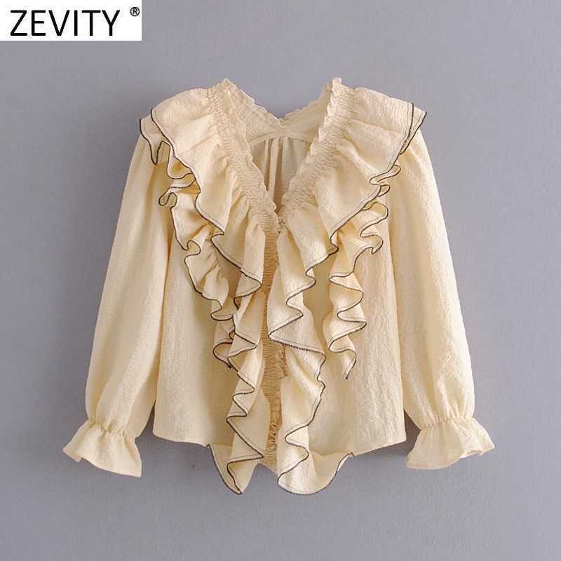 

Zevity Women High Street Elastic Agaric Lace V Neck Pleat Cascading Ruffle Shirt Female Blouse Roupas Chic Chemise Tops LS9105 210603, As pic ls9105dwdd