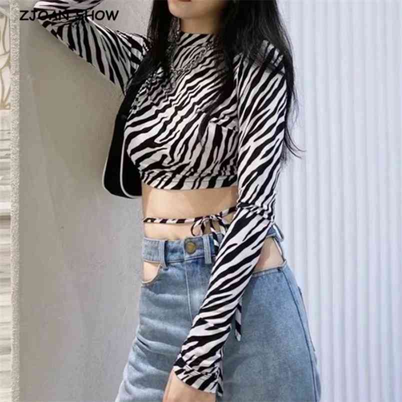 

Sexy Zebra Leopard Snake Pattern Print Long Sleeve Backless T-shirt Crop Top Woman Waist Bandage Pullover Tee Party 210429, White