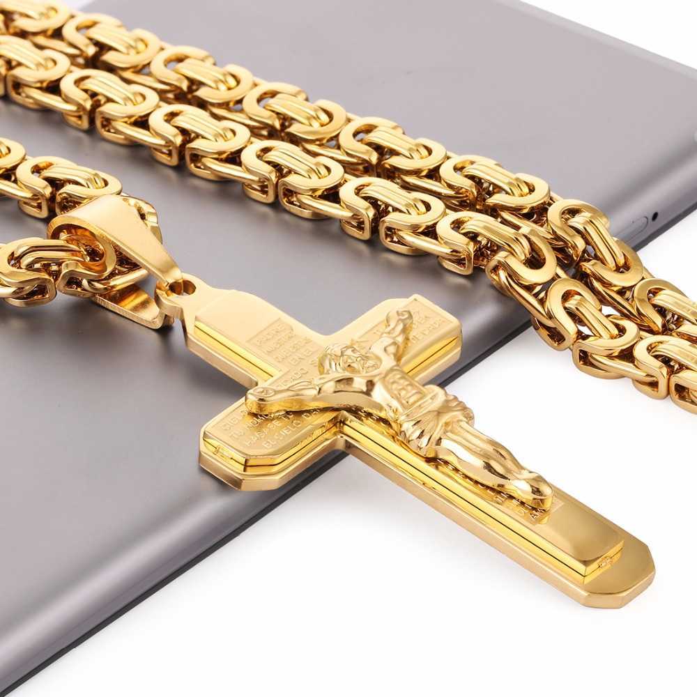 

Crucifix Jesus Cross Necklace StainlSteel Christs Pendant Gold Byzantine Chain Men Necklaces Jewelry Gifts 22 (55cm) NZ015 X0707