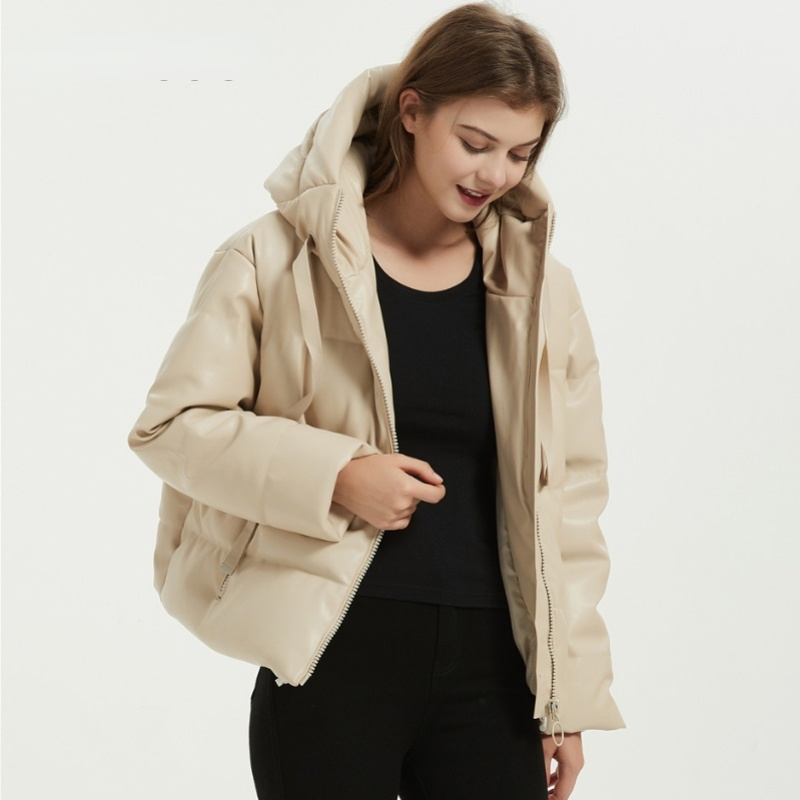 

Warm Faux Women Thick Leather Padded Coat 2021 Winter Zipper Hooded Jacket Parka Long Sleeve Pockets Outerwear Tops, Black