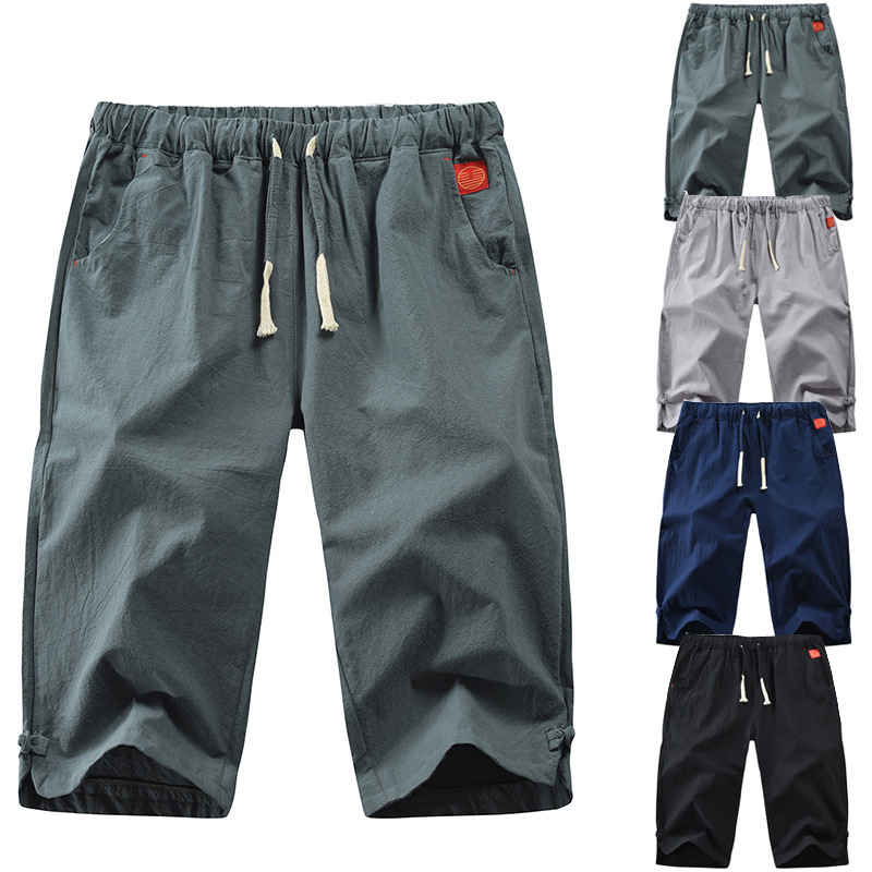 

Men's summer shorts Capris linen cord mid waist 4-color thin casual pants, Green