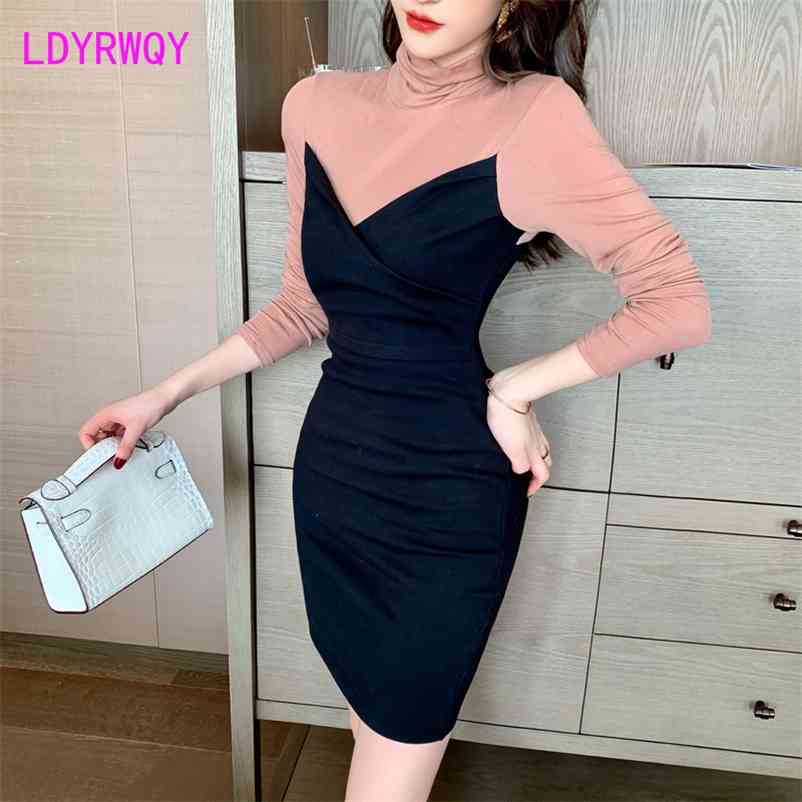 

Spring Korean style stitching fake two pieces of slim and with bottom buttock dress 210603, Black