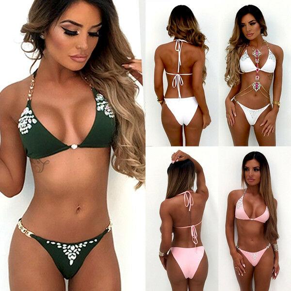 

Women's Swimwear 2021 Women Glitter Sequins Crystal Bikinis Set Female Halter Monokini Push-up Padded Bathing Suit Brazilian Swimsuit, White