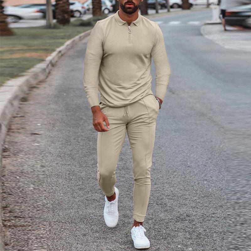

Men's Tracksuits Fashion Solid Mens Clothes 2021 Spring And Autumn 2 Piece Set Men Turn-Down Collar Zipper Tops Drawstring Pants Outfit Suit, Khaki