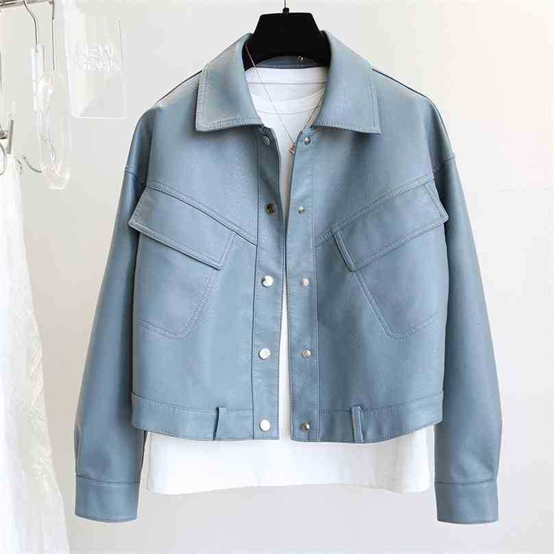 

Leather Jacket for Women Fall Loose Drop Sleeve Biker Moto Faux Coats Ladies Turn Down Collar Single-breasted Outwear 210525, Black