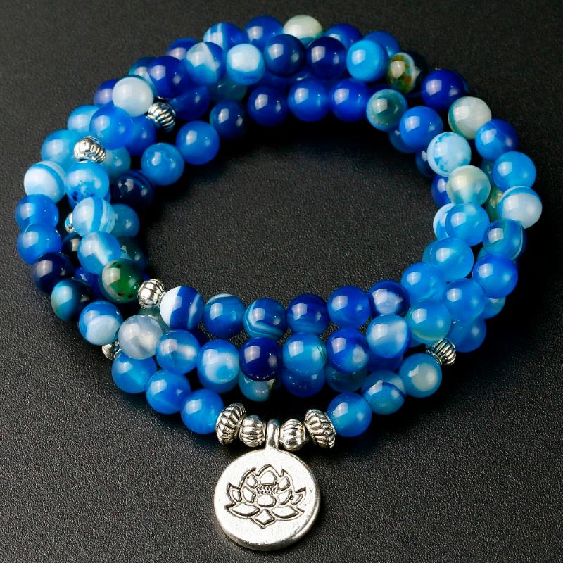 

Beaded, Strands Handmade Jewelry Blue Line Onyx 108 Mala Necklace & Bracelet Meditation Gem-stone Lotus Prayer Beads Women Men